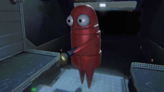 un monstre inspiré de lethal company arrive : préparez vous à Personnage rouge avec lampe torche dans un vaisseau spatial.