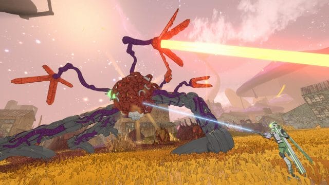 découvrez pourquoi mycopunk pourrait rivaliser avec deep rock galactic ! Robot combattant un monstre géant dans un paysage fantastique.