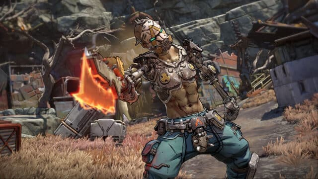 borderlands 4 : 7 secrets incroyables à découvrir absolument ! Personnage cybernétique avec hache rouge dans un décor désertique.