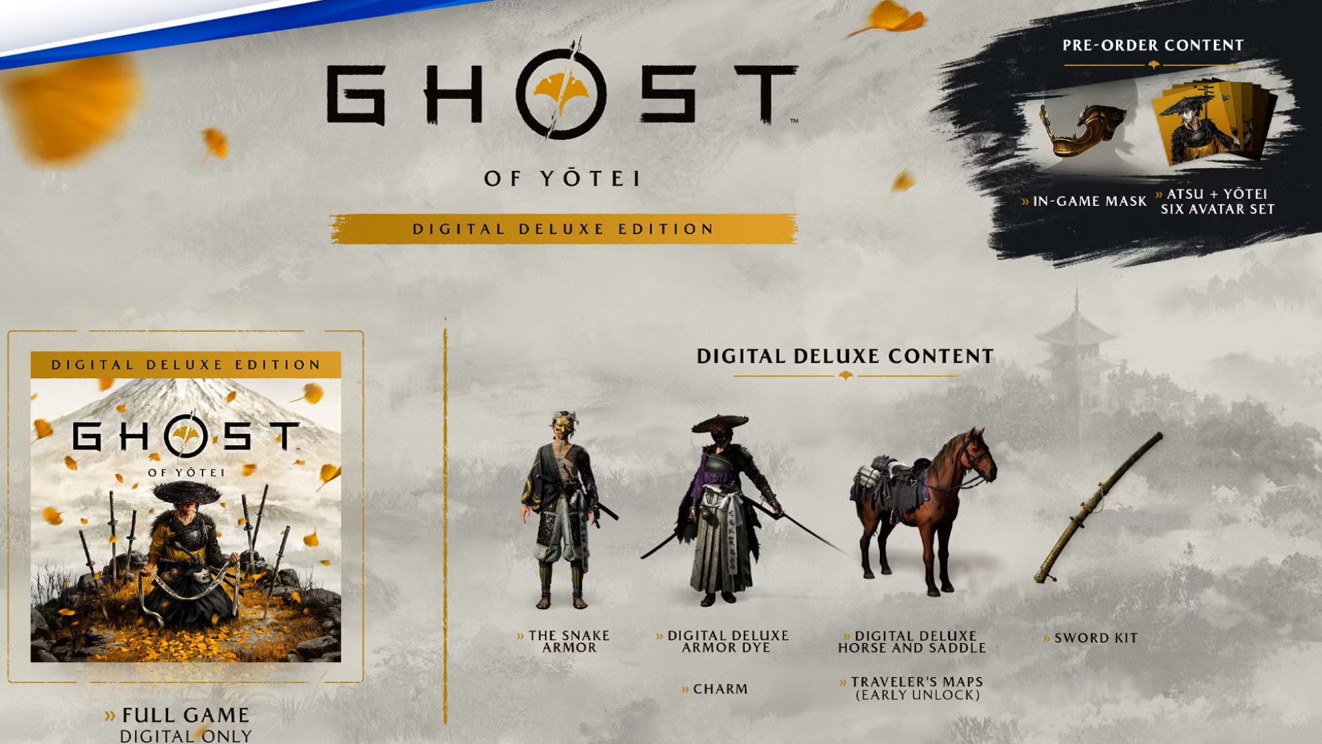Graphiques de l'édition Deluxe Digitale de Ghost of Yotei montrant des bonus de précommande in-game