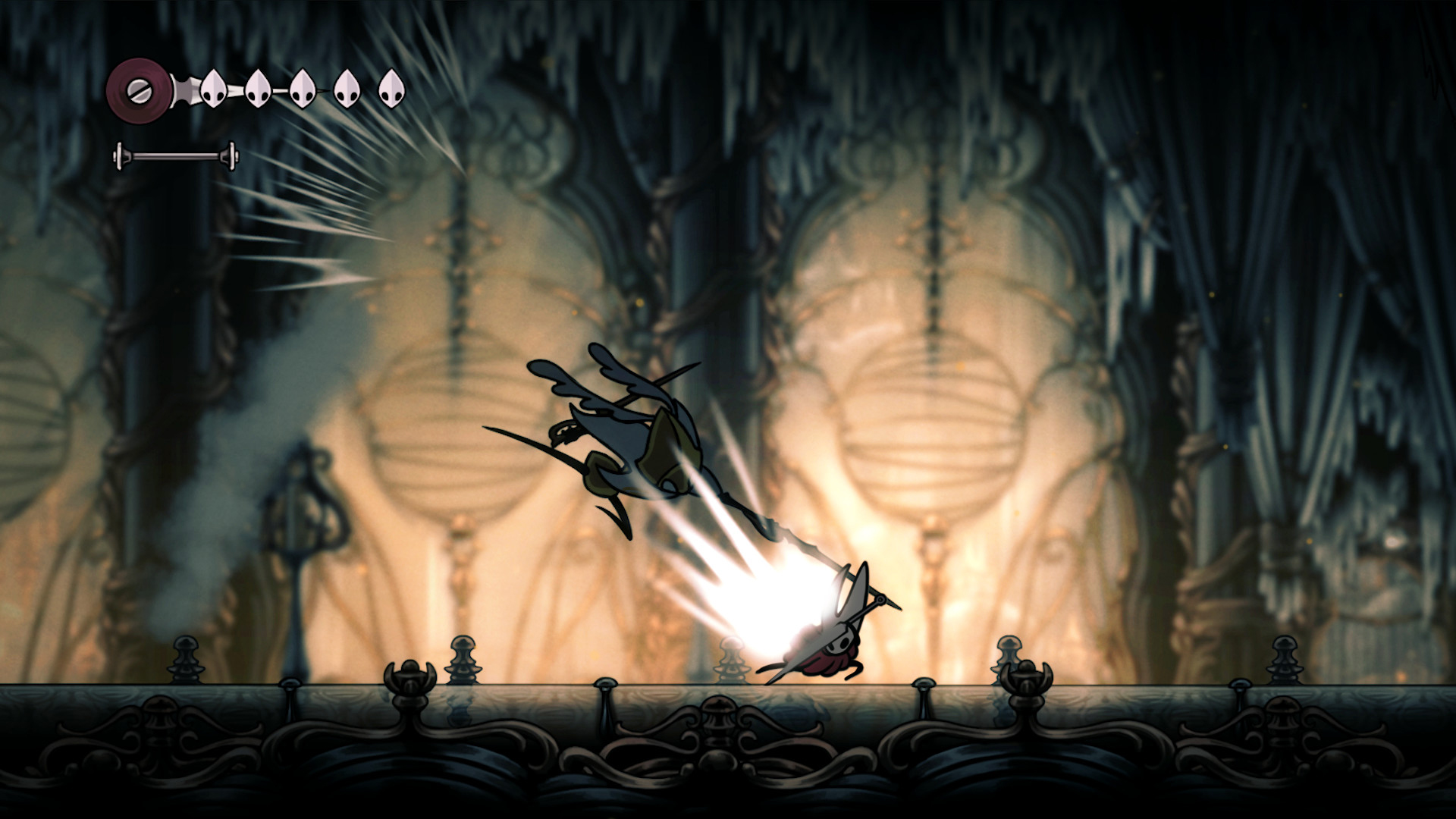 Capture d'écran de Hollow Knight: Silksong montrant un personnage bloquant une attaque.