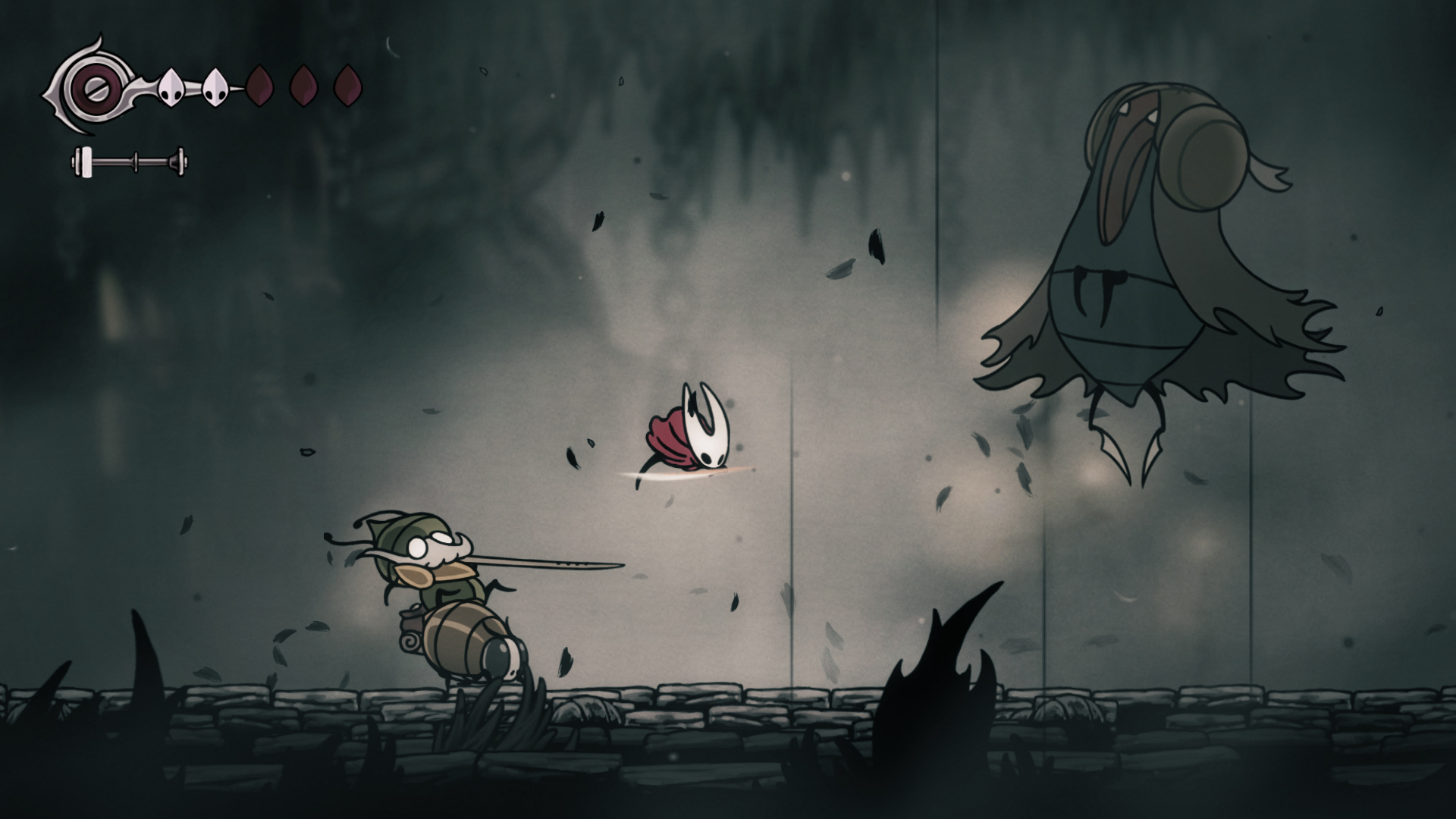 Capture d'écran de Hollow Knight: Silksong montrant un personnage sautant au-dessus d'un ennemi.