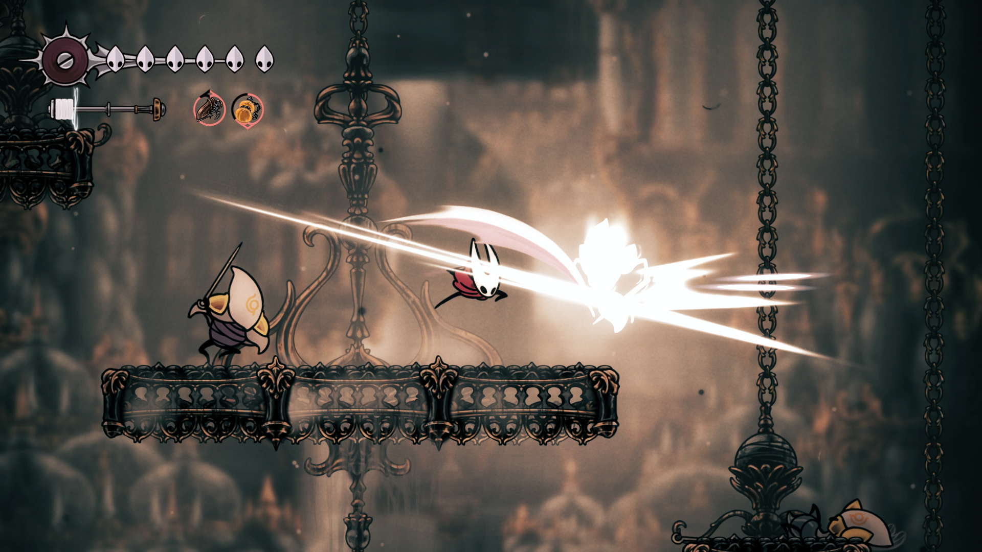 Capture d'écran de Hollow Knight: Silksong montrant un personnage frappant un ennemi sur une plateforme flottante.
