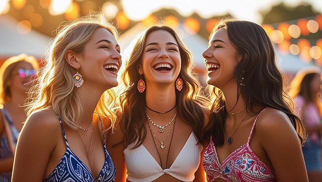 3 amis assistant à un événement en extérieur (1) Trois femmes souriantes lors d'un festival d'été.