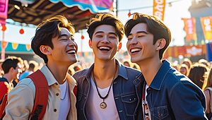 Trois amis souriant ensemble à une fête.