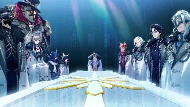 4 harbingers de genshin impact à découvrir absolument à nod krai Personnages autour d'une table lumineuse en réunion.