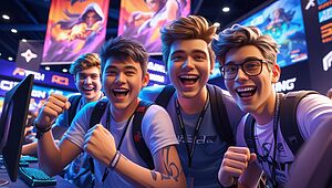 Groupe d'amis e-sportifs souriant lors d'un événement gaming.