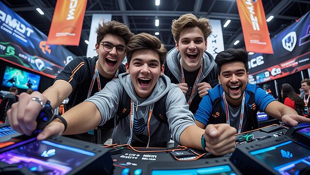 4 jeunes qui assistent à une conférence sur le gaming (2) Jeunes souriants jouant à un salon gaming.