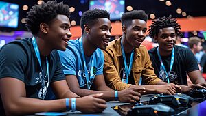 Groupe d'amis jouant à des jeux vidéo ensemble.