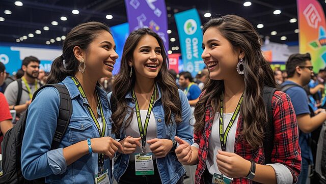 4 jeunes qui assistent à une conférence sur le gaming Trois femmes rient ensemble lors d'un événement.