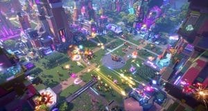 Neon city battle scene with explosions and figures.