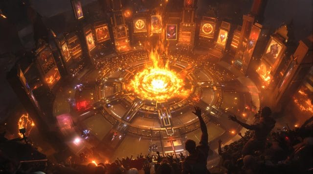 768a2256-2e86-4fc9-a25a-04ca0d604b51_0 Arena with cheering crowd and central fiery vortex.