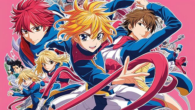 anime (1) Personnages de manga en tenues colorées sur fond rose.