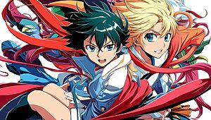 Deux personnages d'anime, cheveux colorés, regard intense.