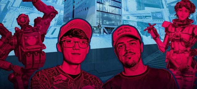 apex legends fait son grand retour avec redbull gaming : Personnages colorés illustrés devant un bâtiment moderne.