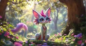 Cute colorful creature in a forest setting.
