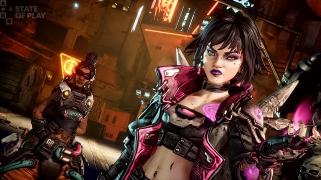 borderlands 4 : découvrez vex et son incroyable chat violet Personnages en tenues futuristes dans un décor urbain.