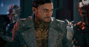 Personnage au tatouage et veste futuriste.