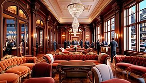 Salon élégant avec invités et grands lustres.