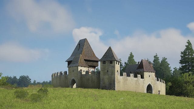 châteaux et sièges : ce que manor lords vous réserve Château médiéval sur colline herbeuse, ciel dégagé.