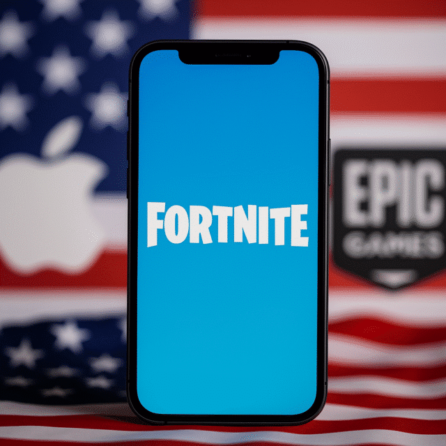chatgpt image 23 mai 2025, 22 18 20 Écran de smartphone avec Fortnite, drapeau américain en fond.