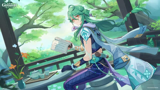 codes genshin impact de mai 2025 : découvrez ceux qui Personnage anime lisant à l'extérieur avec une théière.