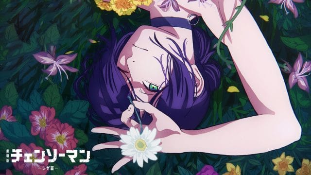 dates de sortie du film chainsaw man : ne manquez Personnage animé entouré de fleurs colorées.