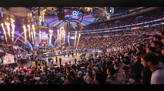 dd9e40d6 2821 4e50 bf1c d6f59c538089 0 Overwatch League event with large crowd and stage pyrotechnics.