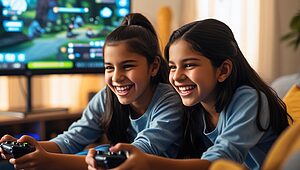 Deux filles souriantes jouent à un jeu vidéo.