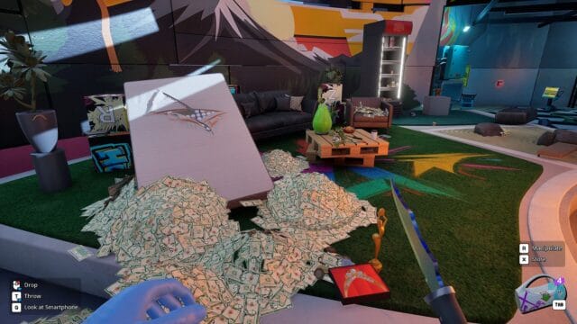 débloquez la mortier base dans cash cleaner simulator : 3 Salle colorée avec piles de billets de banque.