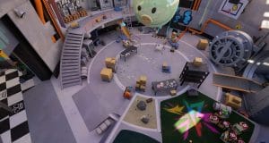 Salle de jeux colorée avec boîtes et décorations.