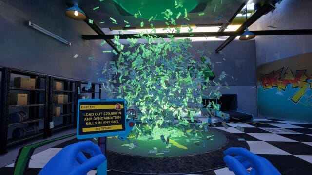 débloquez le secret pour réussir la mission pré lancement dans cash VR jeu avec billets flottants dans une pièce.