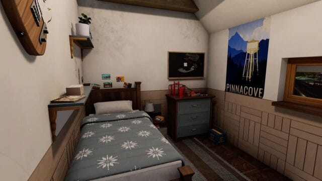 découvrez 7 secrets pour vendre votre maison dans house flipper Chambre avec lit, étagères et poster mural.