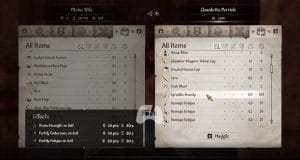 Capture d'écran de jeux vidéo avec menus d'inventaire.