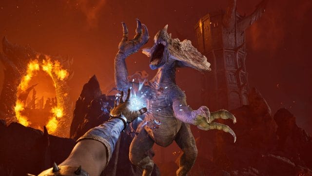 découvrez comment obtenir un magicka infini dans oblivion remastered ! Combat magique avec un monstre dans un paysage apocalyptique.
