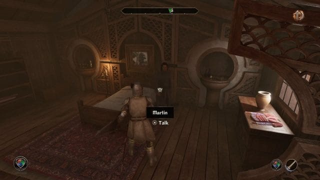Personnage en armure discutant dans une pièce médiévale.