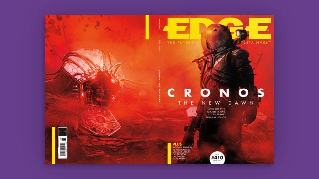 découvrez cronos : the new dawn, le survival horror qui Couverture de magazine science-fiction rouge avec personnage en armure.