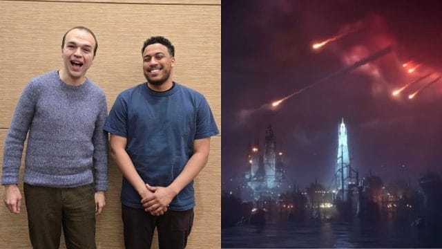 découvrez la carte a realm reborn : secrets de mtg Deux hommes souriants, ville illuminée sous ciel étoilé.