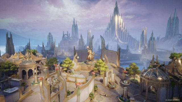 découvrez la technique secrète de dr. strange pour vaincre hela Ville fantastique avec architecture futuriste et statue centrale.