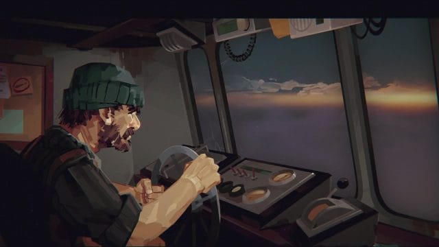 découvrez le jeu d'horreur lovecraftien à 12€ : ne manquez Homme conduisant un bateau au crépuscule.