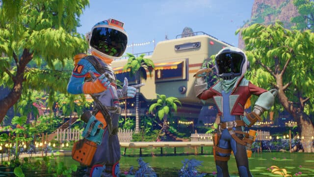 Deux cosmonautes posant devant un jardin futuriste.