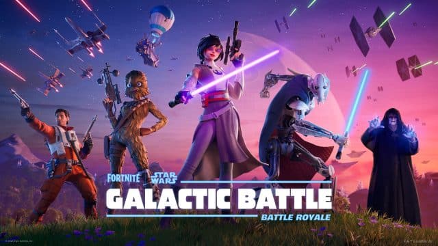 découvrez les 10 nouvelles armes de fortnite : ne ratez Personnages Fortnite et Star Wars sur fond spatial.