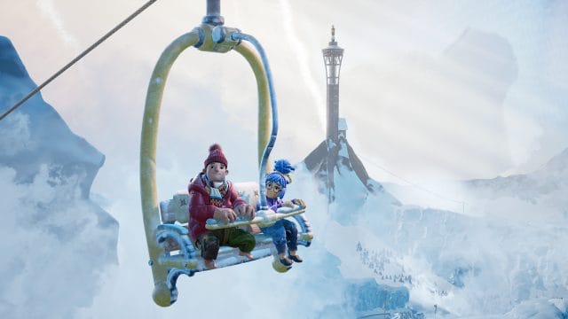 découvrez les 25 jeux coopératifs incontournables à essayer absolument ! Deux personnages sur un télésiège enneigé.