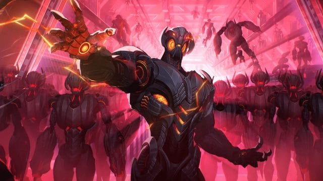 découvrez les 5 nouveautés surprenantes de marvel rivals saison 2.5 Armée de robots futuristes dans une lumière rouge.