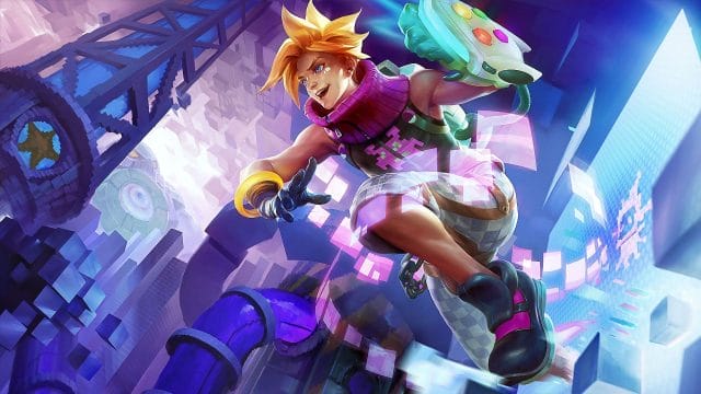 découvrez les secrets du "choisi du soleil" dans league of Personnage blond sautant dans un monde numérique.