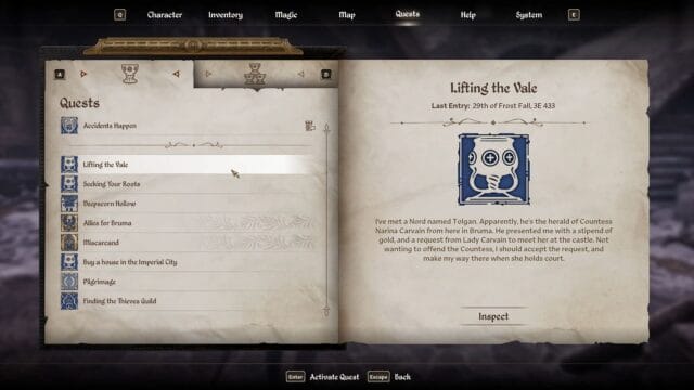 découvrez les secrets pour réussir la quête lifting the vale Menu de quêtes du jeu vidéo, sélectionné 'Lifting the Vale'.