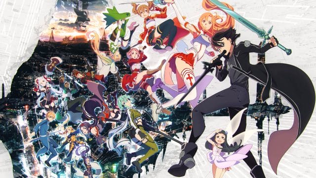 découvrez l'ordre de visionnage de sword art online : ne Personnages animés combattant avec des épées dans le ciel.