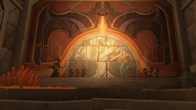 Fresque murale ancienne avec motifs géométriques et figures.