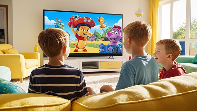 des enfants qui regardent un dessin animé dans le salon (1) Enfants regardant un dessin animé à la télévision.