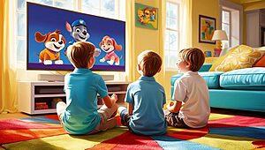 Enfants regardant des dessins animés à la télévision.